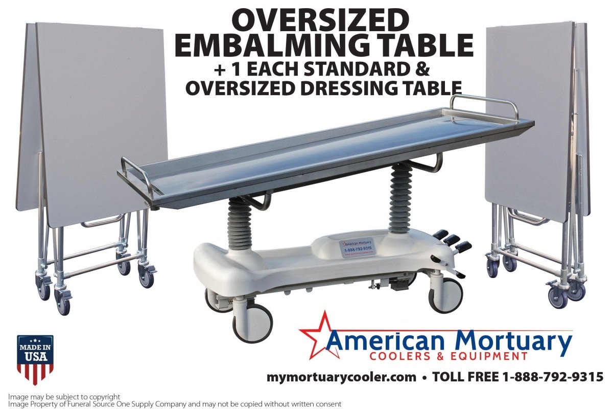Affordable Mortuary Bundle: Hydraulic Embalming Table & Folding Prep Table - American - Made, Reliable Funeral Equipment - American Mortuary Coolers & Equipments Affordable Mortuary Bundle: Hydraulic Embalming Table & Folding Prep Table - American - Made, Reliable Funeral Equipment - American Mortuary Coolers & Equipments